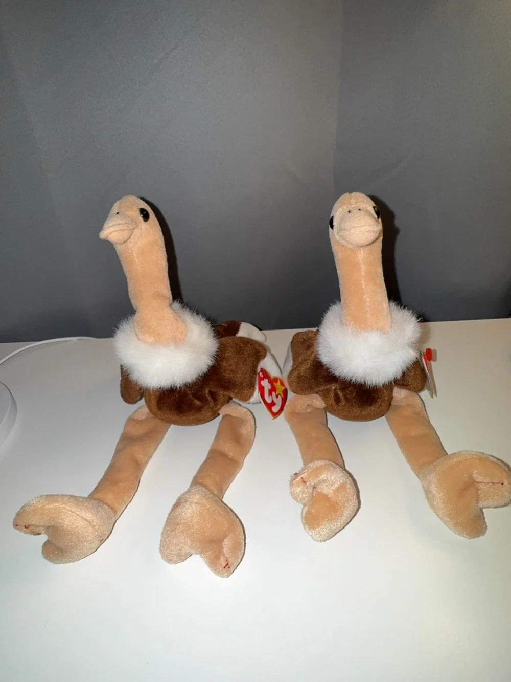 Ty Plush Ostrich Twins — Brown & Cream Beanie Pair